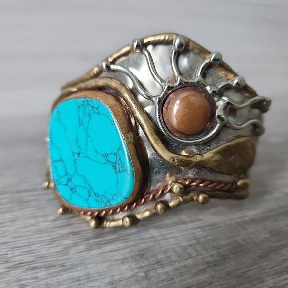 Unbranded Jewelry - Vintage 70s Turquoise Silver Copper Wide Cuff Brutalist Bracelet